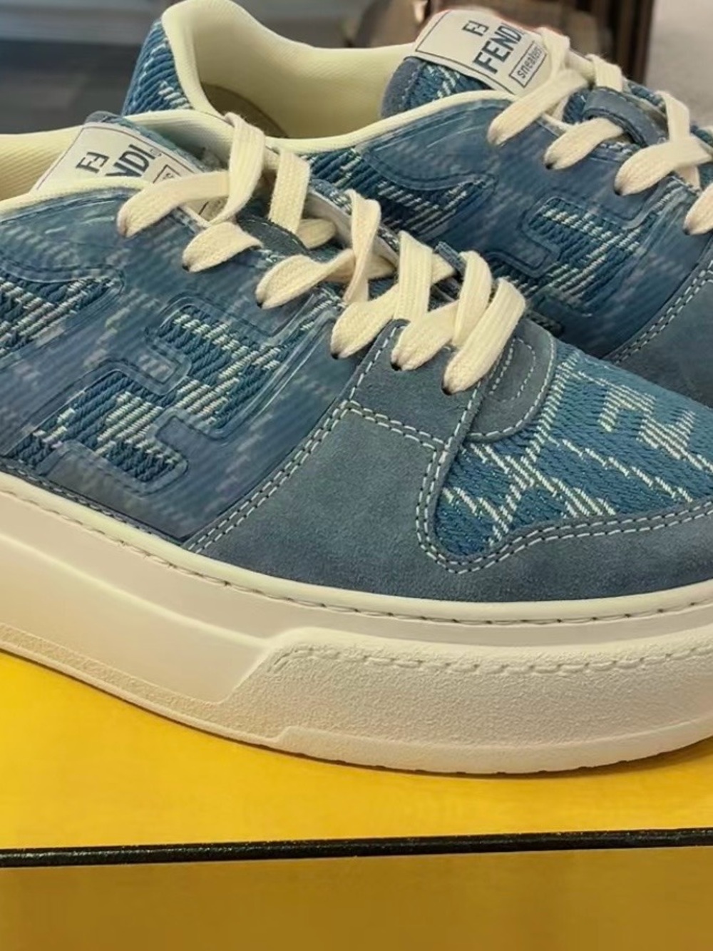 Fendi Blue Monogram & Suede Low-Top Sneakers（100%Authentic)